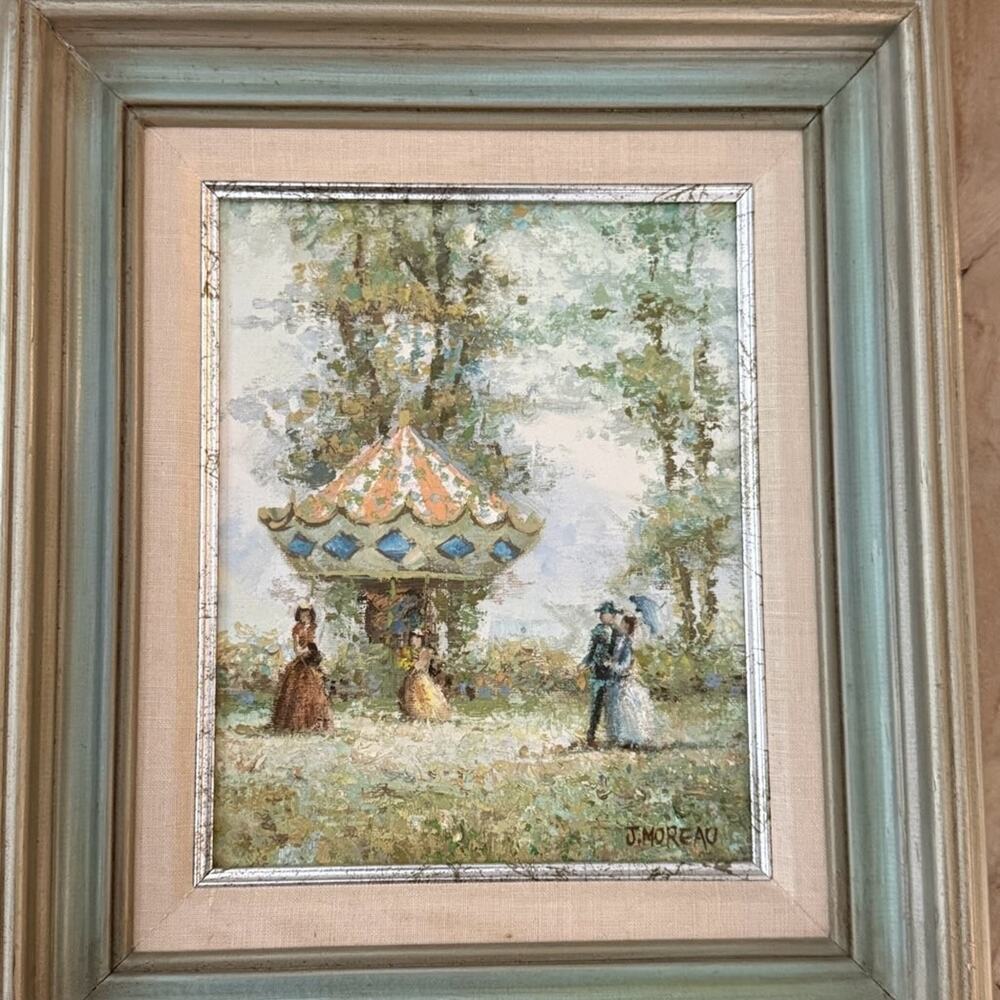 Original Oil Painting Signed J. Moreau Impressionist Carousel Park Scene Framed